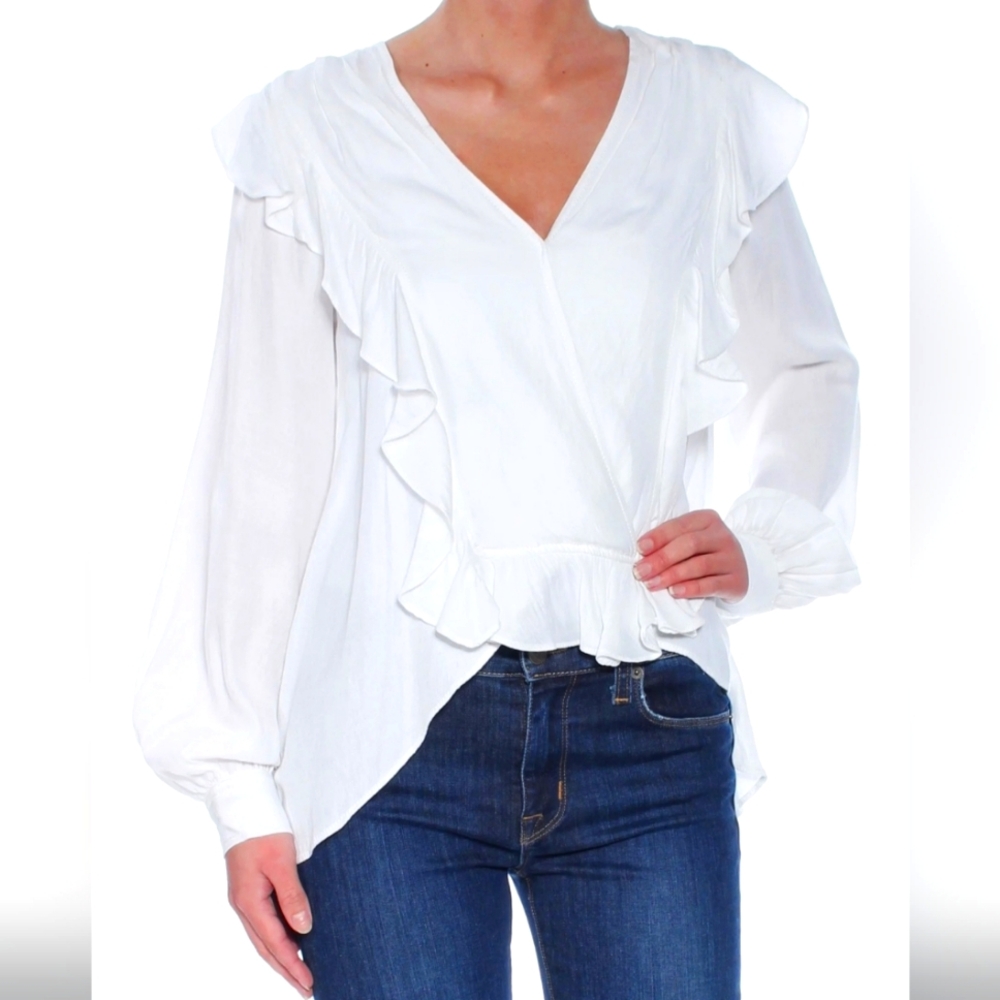 Who What Wear White Ruffled Wrap Blouse Long Sleeve